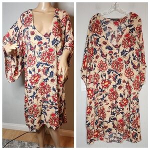 TYSA Wide Sleeve Deep V-neck oversized dress Crepe floral blue red size XS/S.